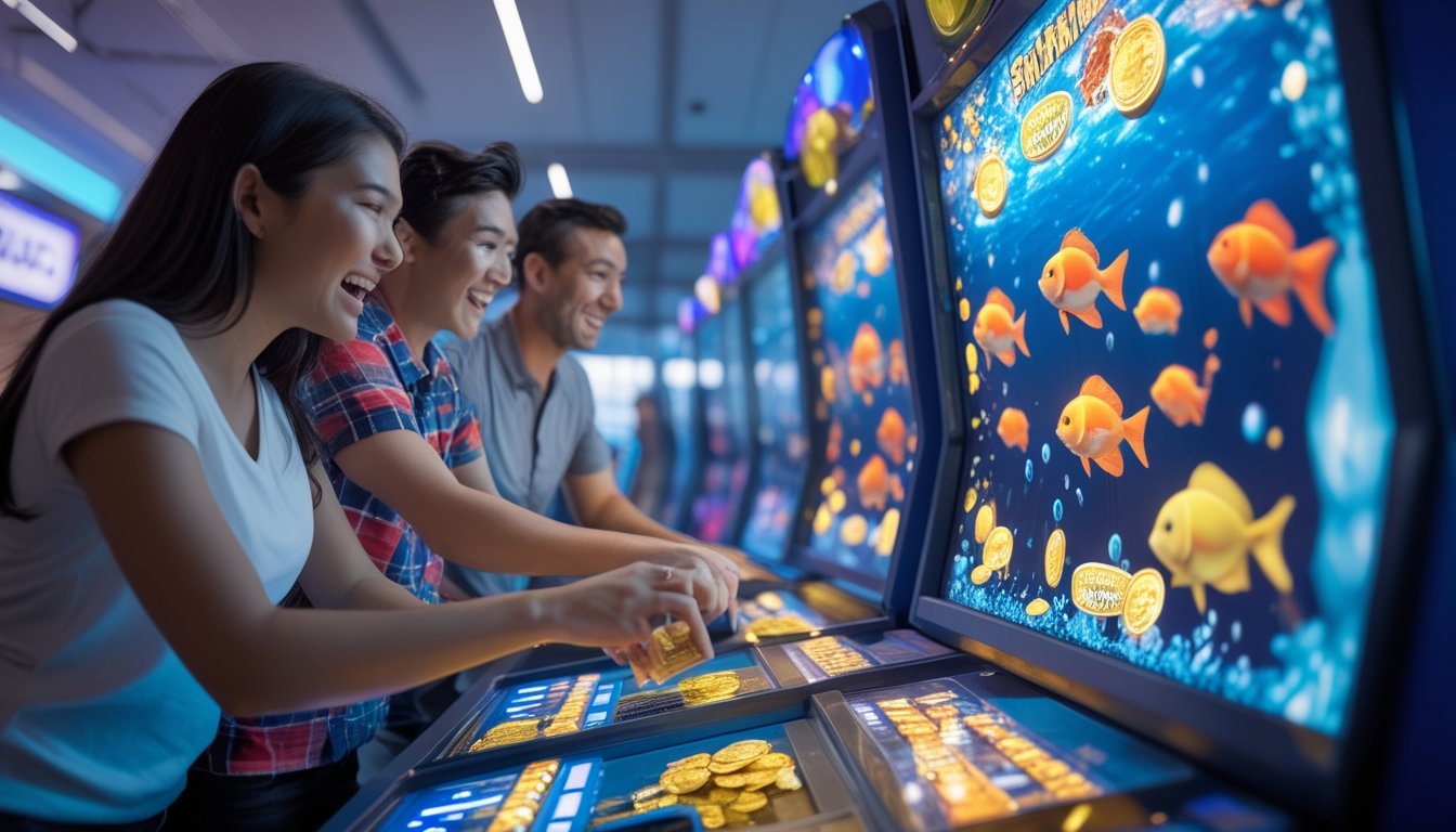 Sekelompok orang bermain gim tembak ikan di mesin arcade dengan suasana meriah.