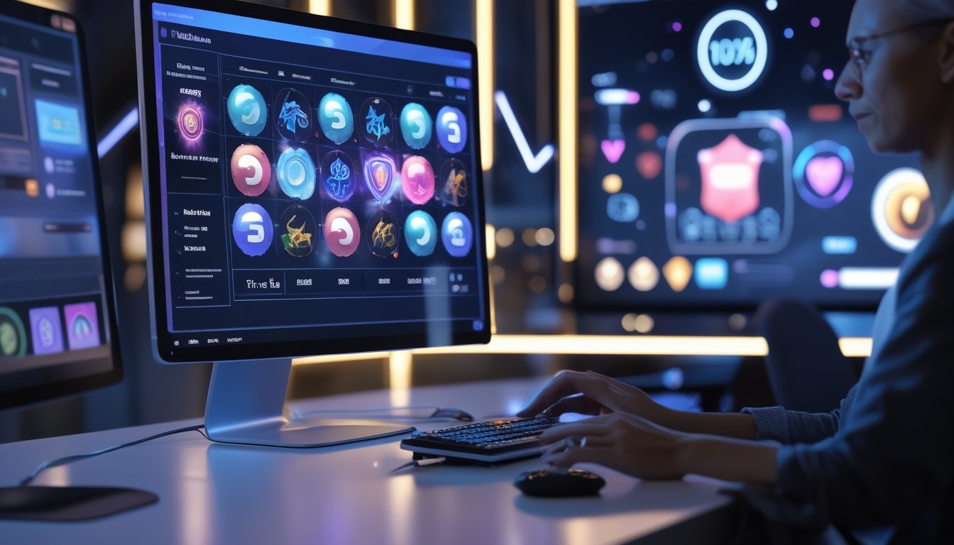 Orang dewasa menggunakan komputer dan ponsel dengan antarmuka permainan digital berwarna-warni di meja kerja modern.