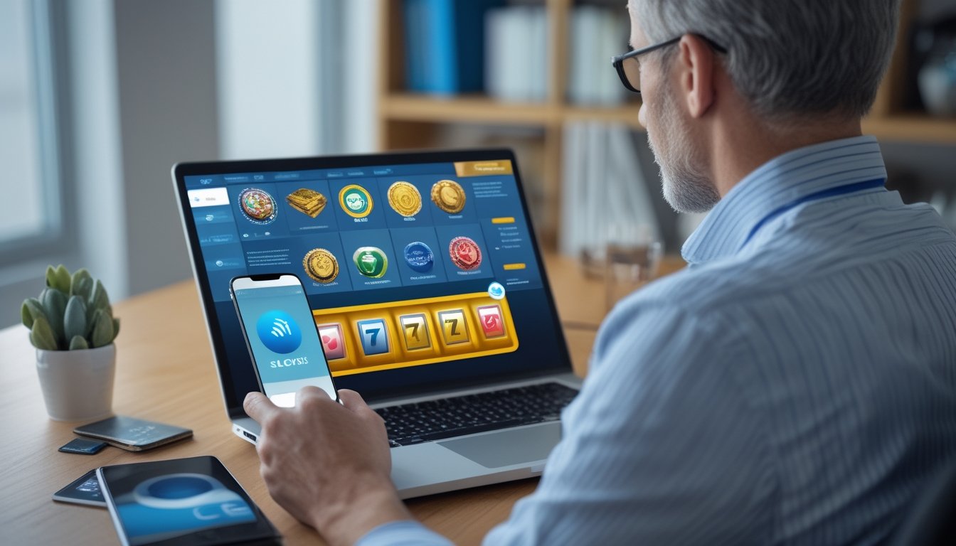 Seseorang meninjau platform permainan slot digital pada laptop dan ponsel di ruang kerja modern dengan simbol keamanan.