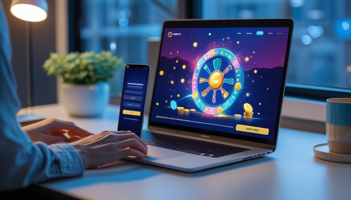 Tangan seseorang menggunakan laptop dan ponsel yang menampilkan permainan digital dengan nuansa jackpot.