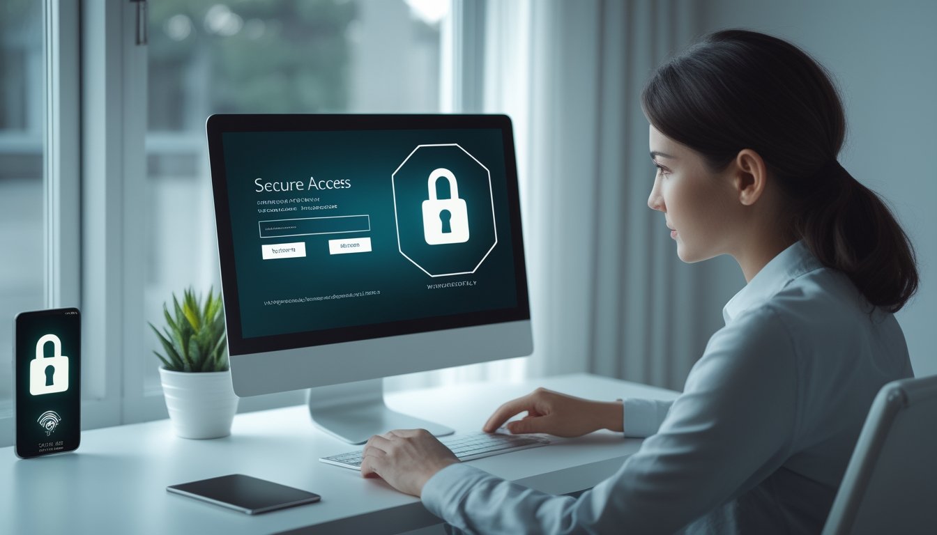 Seseorang memeriksa akses akun secara aman melalui laptop di meja kerja modern dengan ponsel dan simbol keamanan.