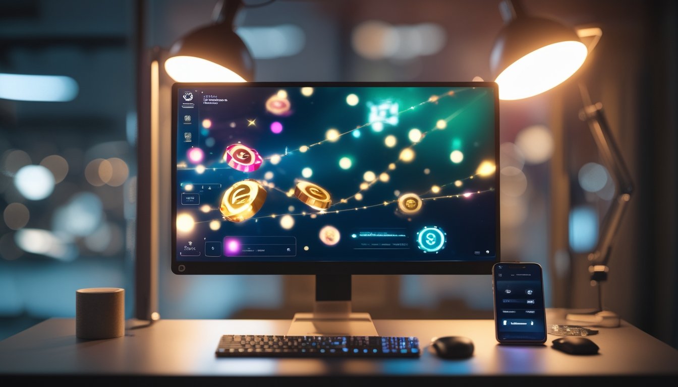Meja modern dengan monitor dan ponsel yang menampilkan visual permainan digital berwarna-warni dengan cahaya keemasan.