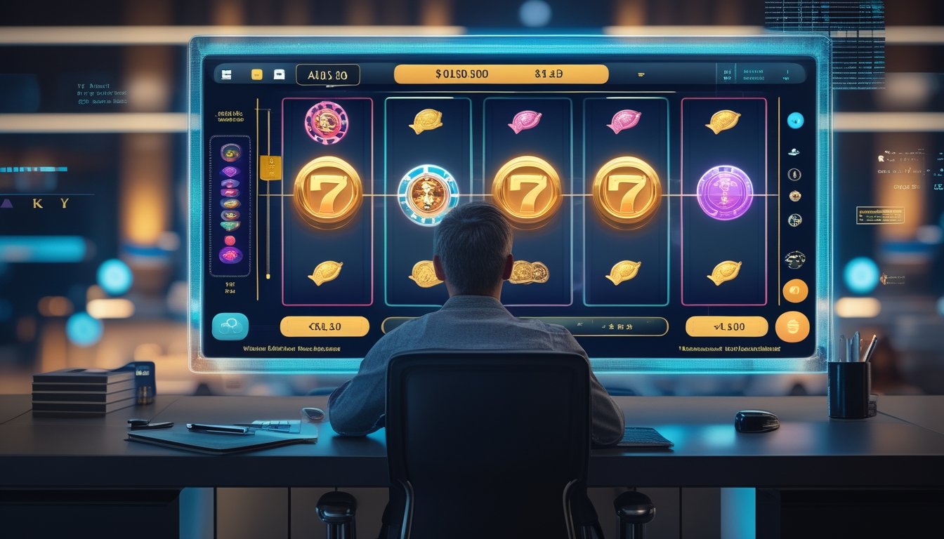 Seseorang mempelajari tampilan permainan slot digital di depan komputer dalam ruang modern.