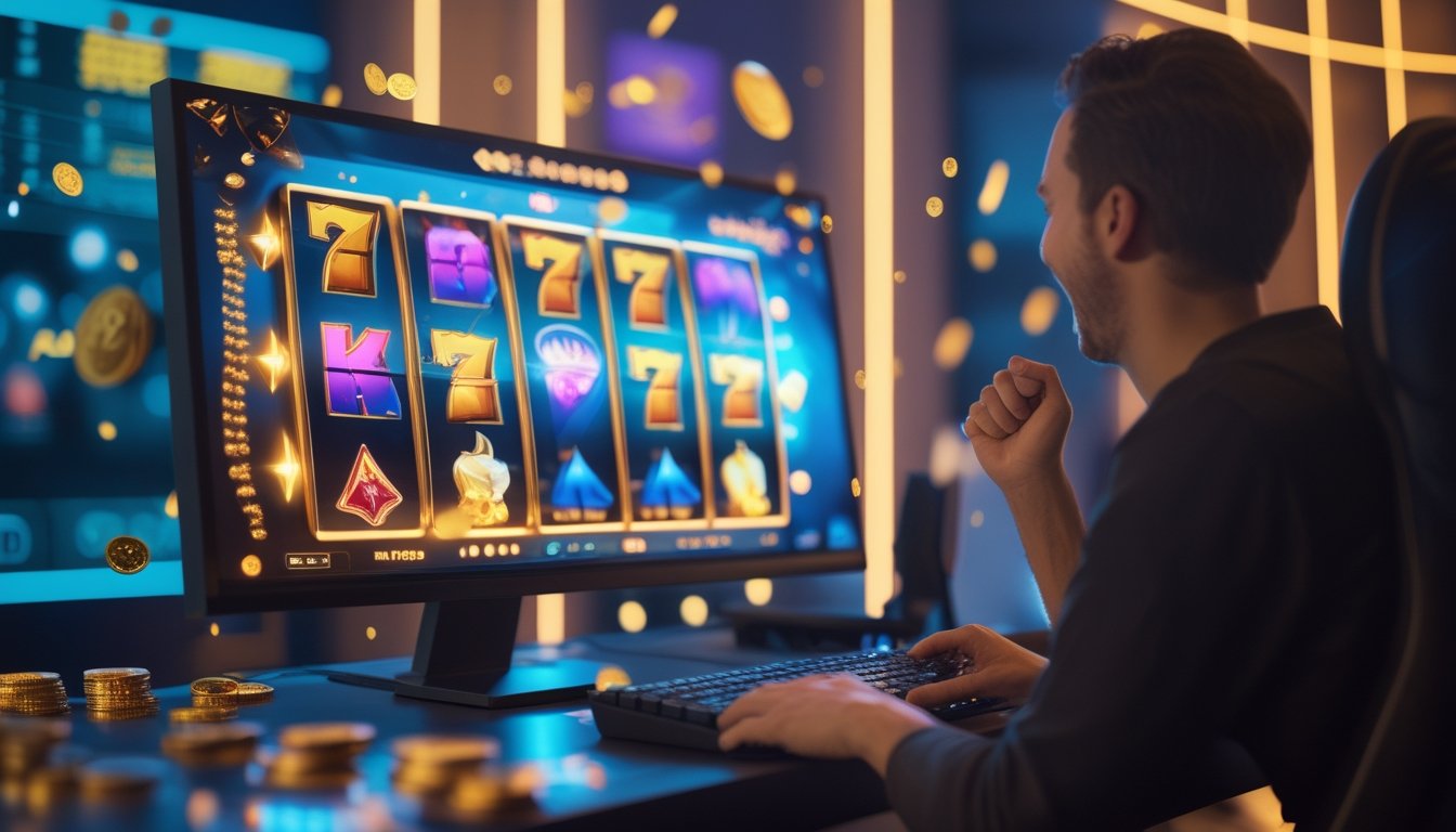 Orang dewasa bermain permainan slot online di depan komputer dengan layar bercahaya dan efek kemenangan.