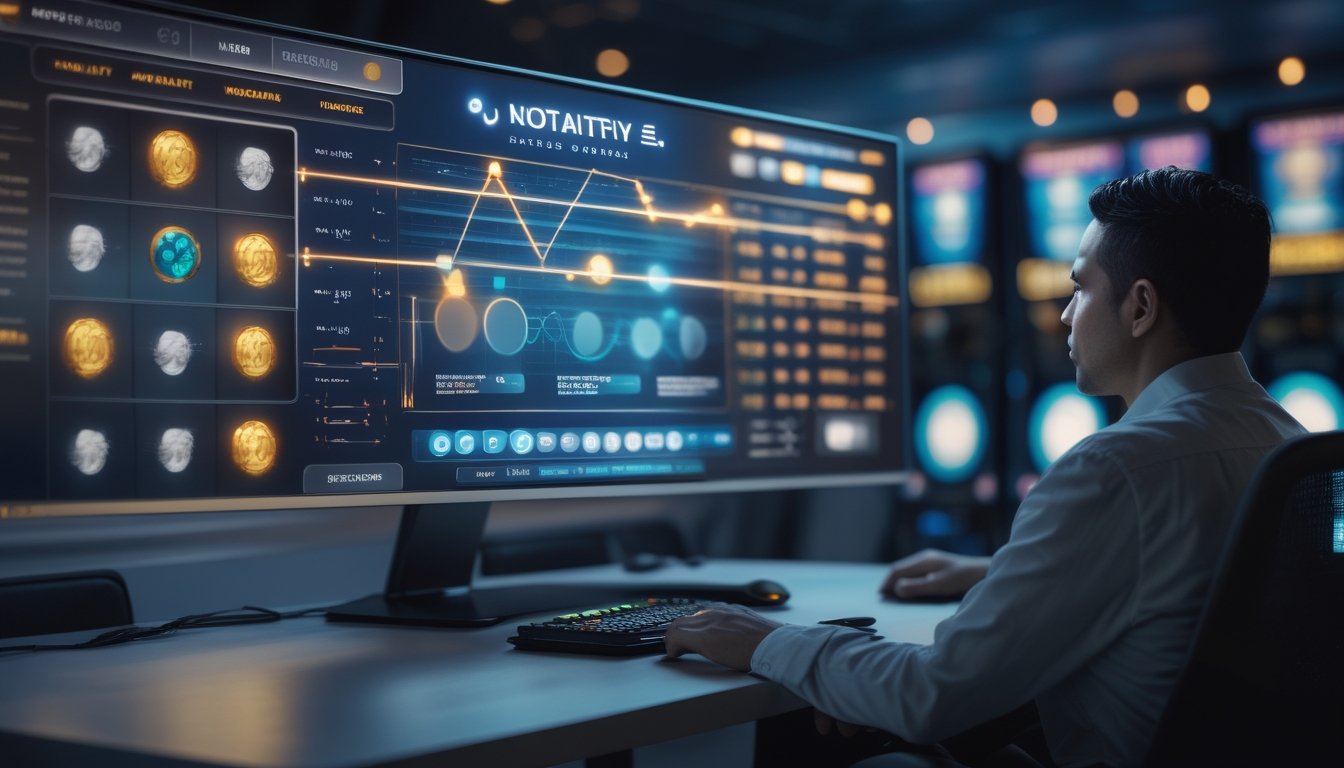 Seseorang menganalisis grafik probabilitas dan data permainan slot di depan komputer.