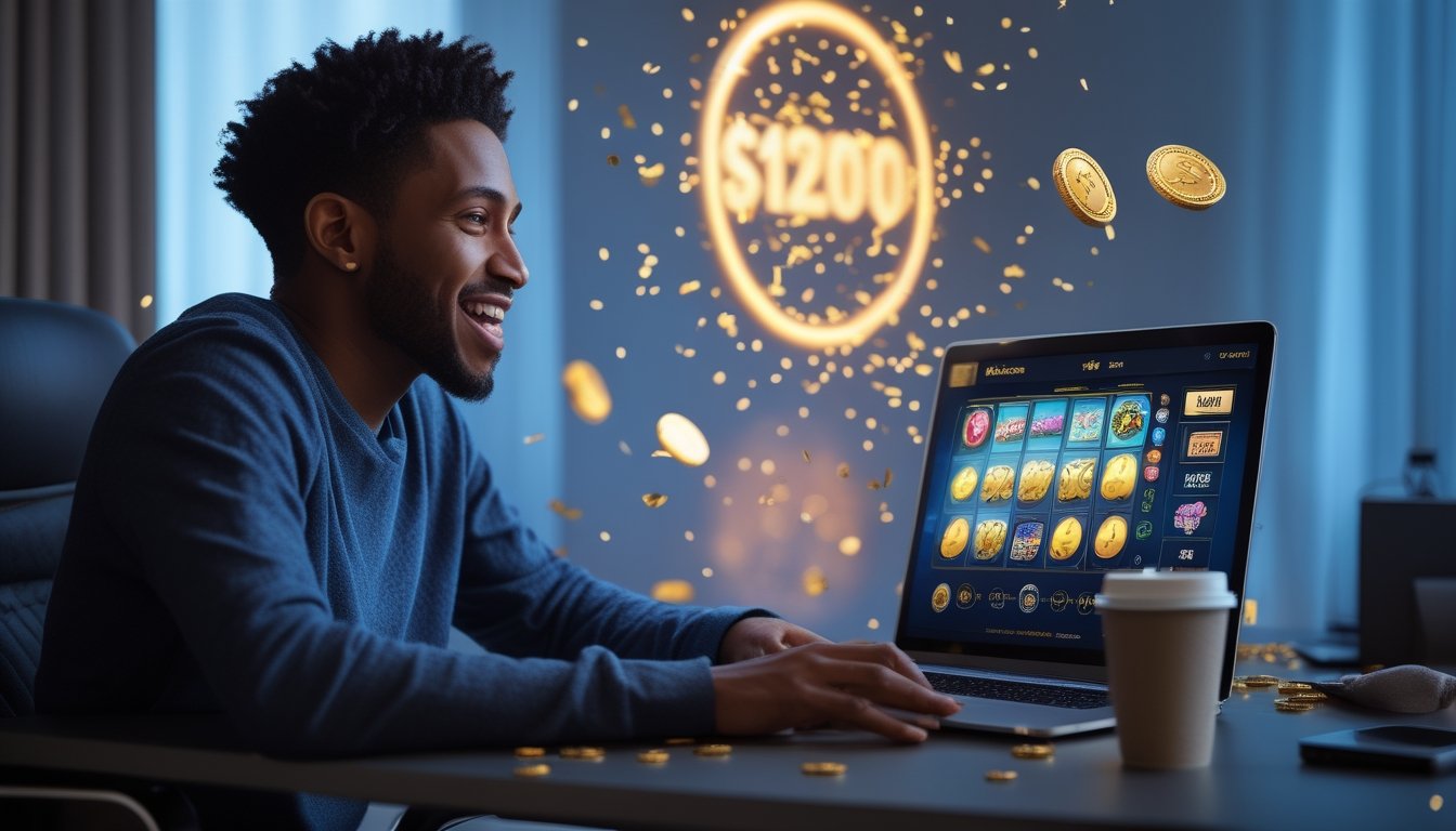 Orang dewasa tersenyum melihat permainan slot di laptop dengan suasana perayaan dan koin berkilauan.