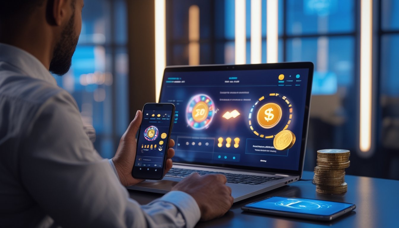 Orang dewasa melihat laptop dan ponsel dengan tampilan permainan digital berwarna-warni di ruang modern.