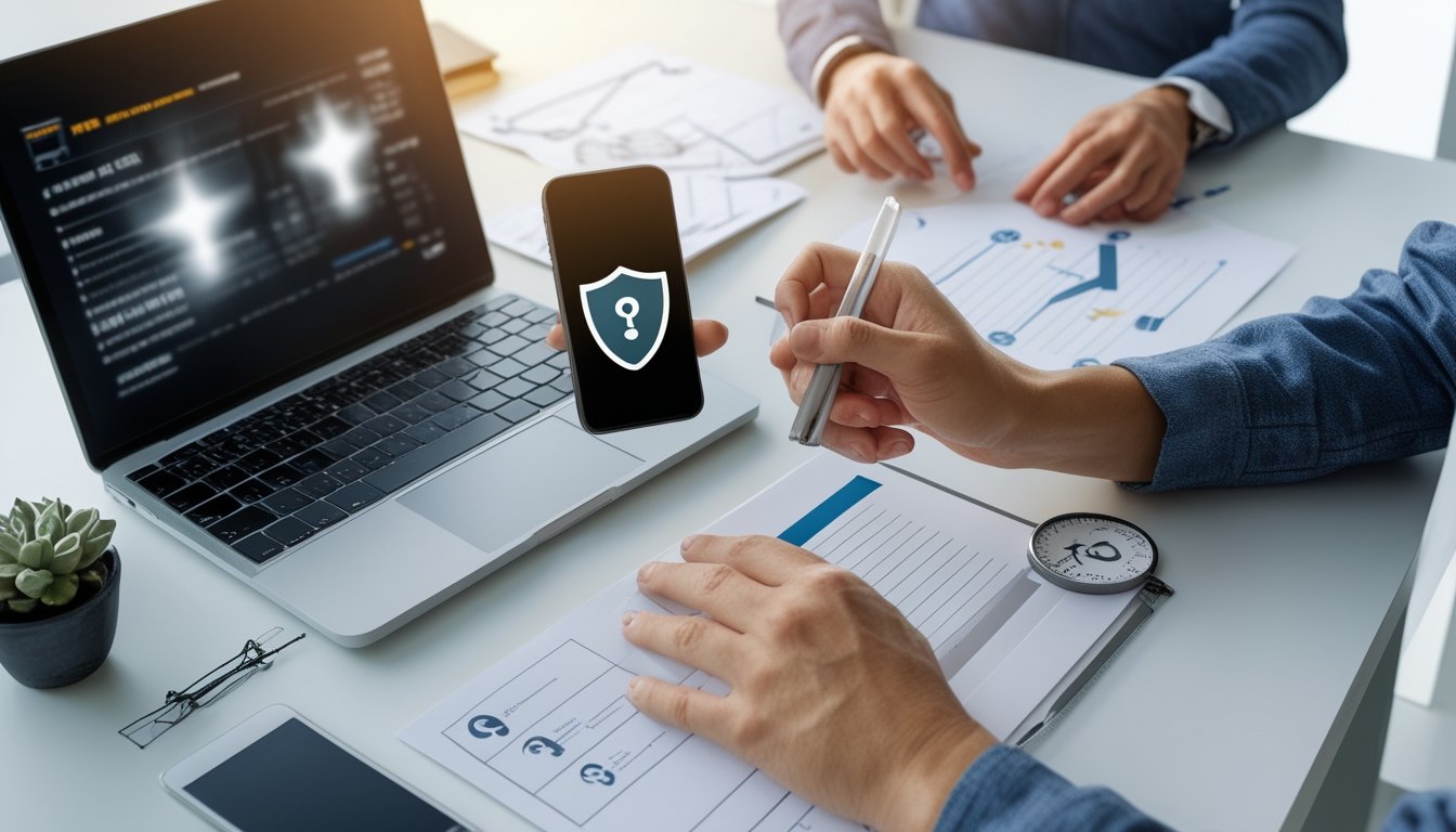 Meja kerja modern dengan laptop, ponsel, kaca pembesar, simbol perisai, dan lembar daftar periksa untuk menilai kredibilitas platform online.