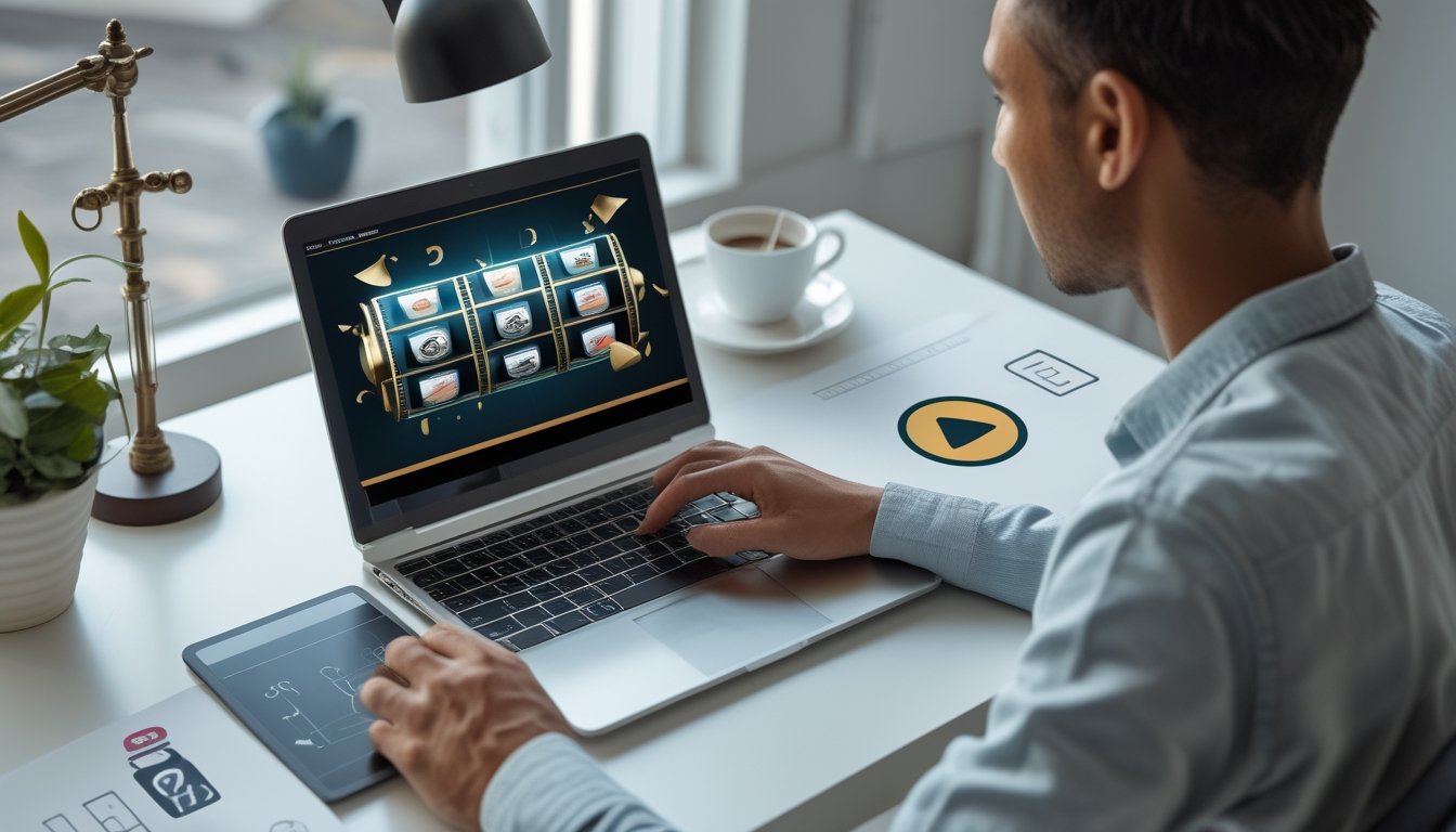 Orang dewasa meninjau keamanan dan anggaran permainan online di meja kerja dengan laptop dan tablet.