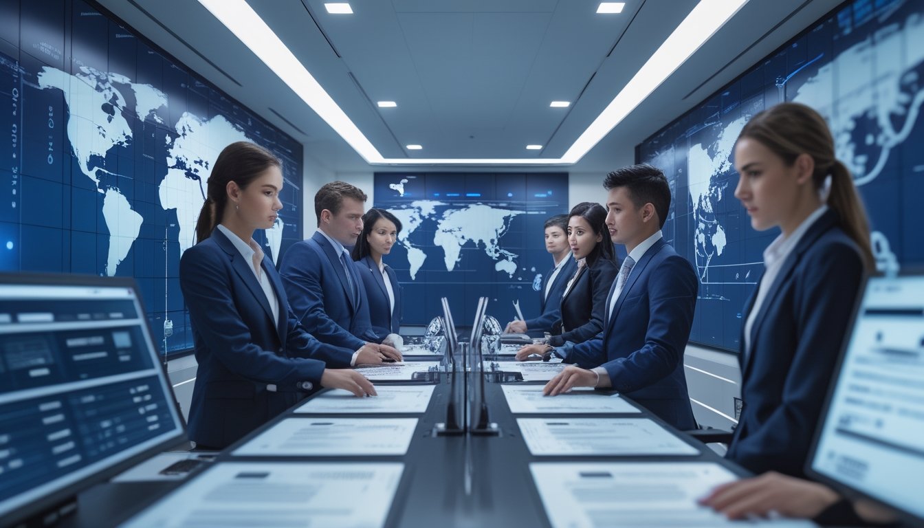 Tim kepatuhan profesional meninjau dokumen lisensi dan keamanan digital di kantor modern dengan peta dunia.