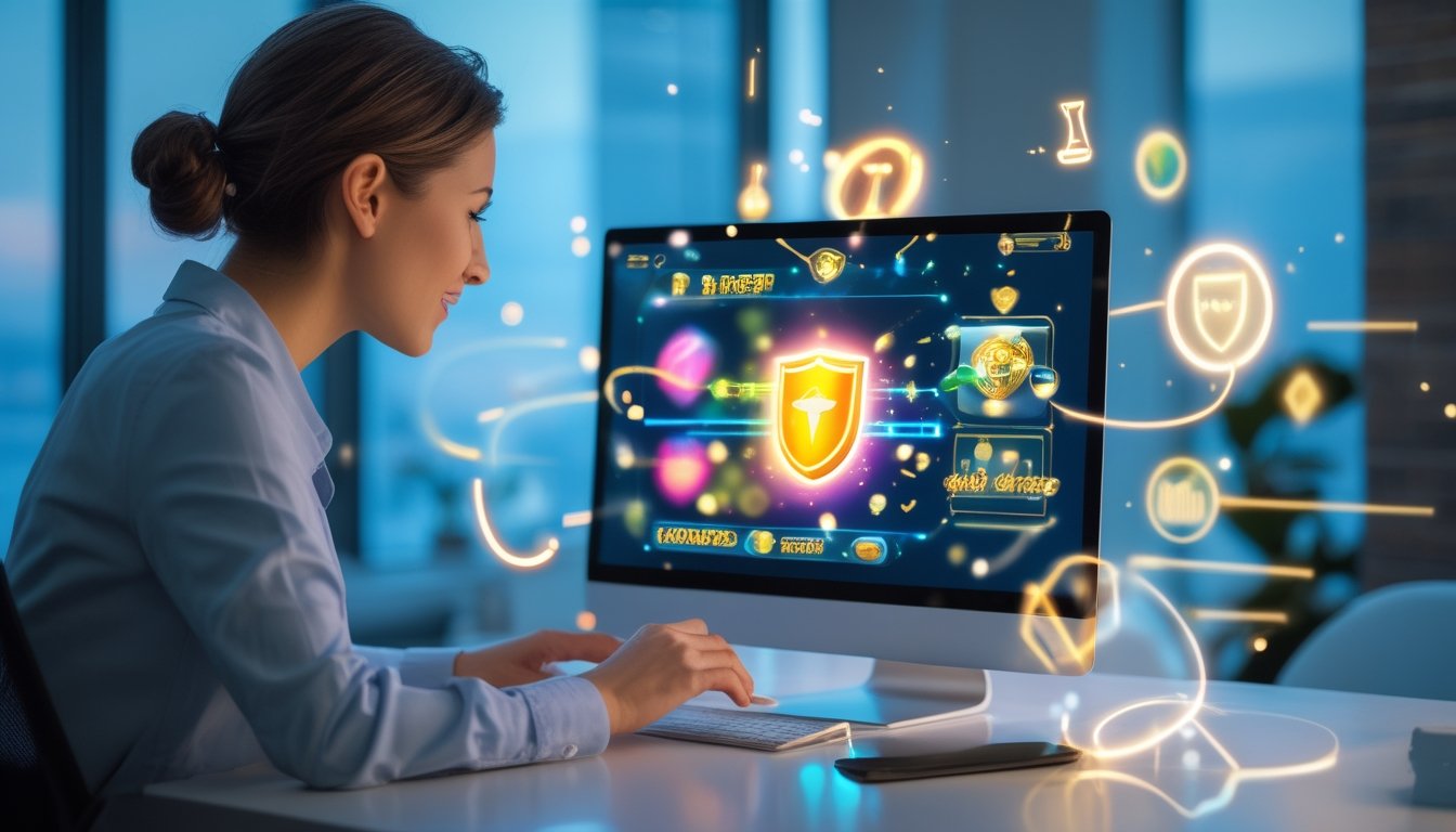 Orang dewasa menggunakan laptop dengan simbol keamanan digital dan permainan daring abstrak di ruang kerja modern.