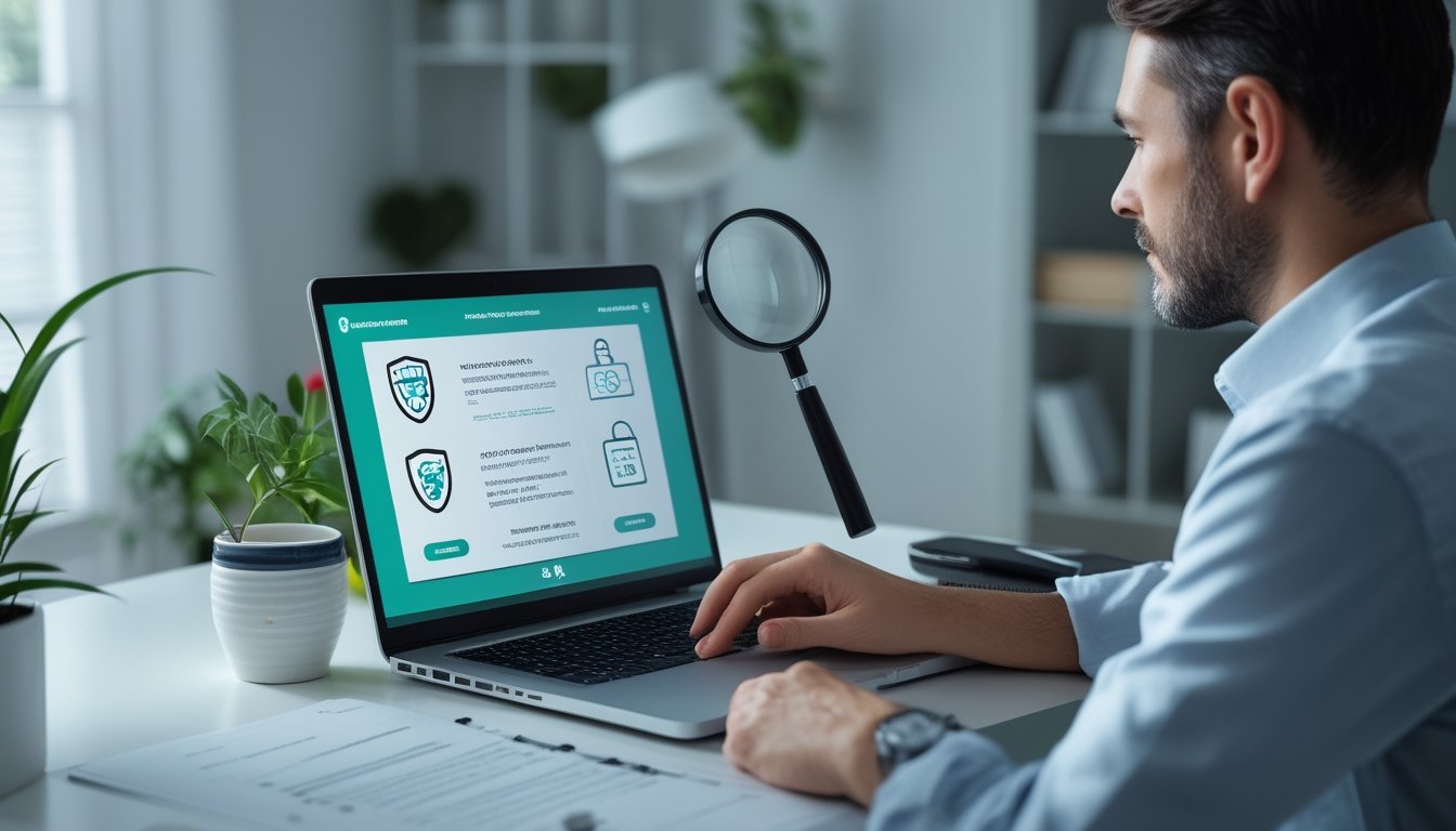 Seseorang memeriksa platform hiburan online dengan dokumen, perisai keamanan, dan daftar verifikasi di meja kerja.