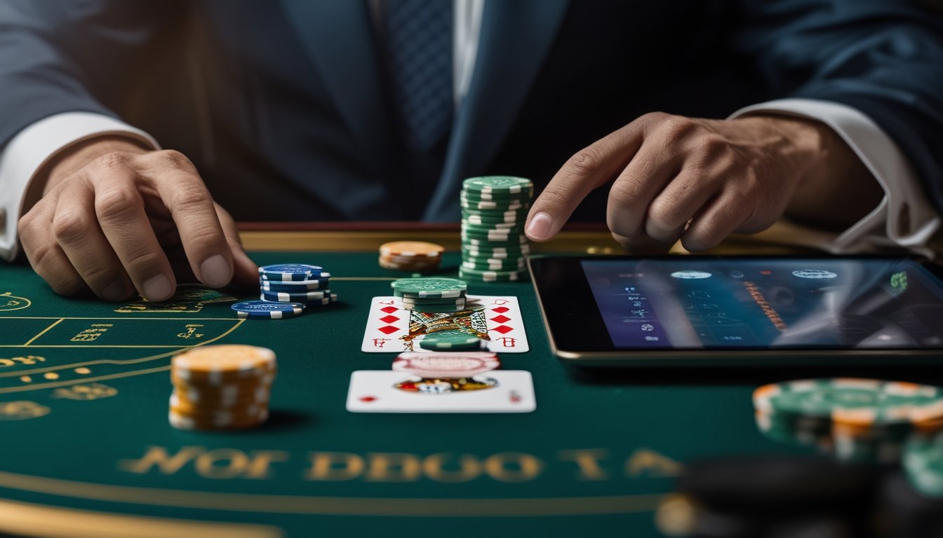 Meja baccarat dengan kartu, keping taruhan, dan perangkat digital dalam suasana kasino elegan.