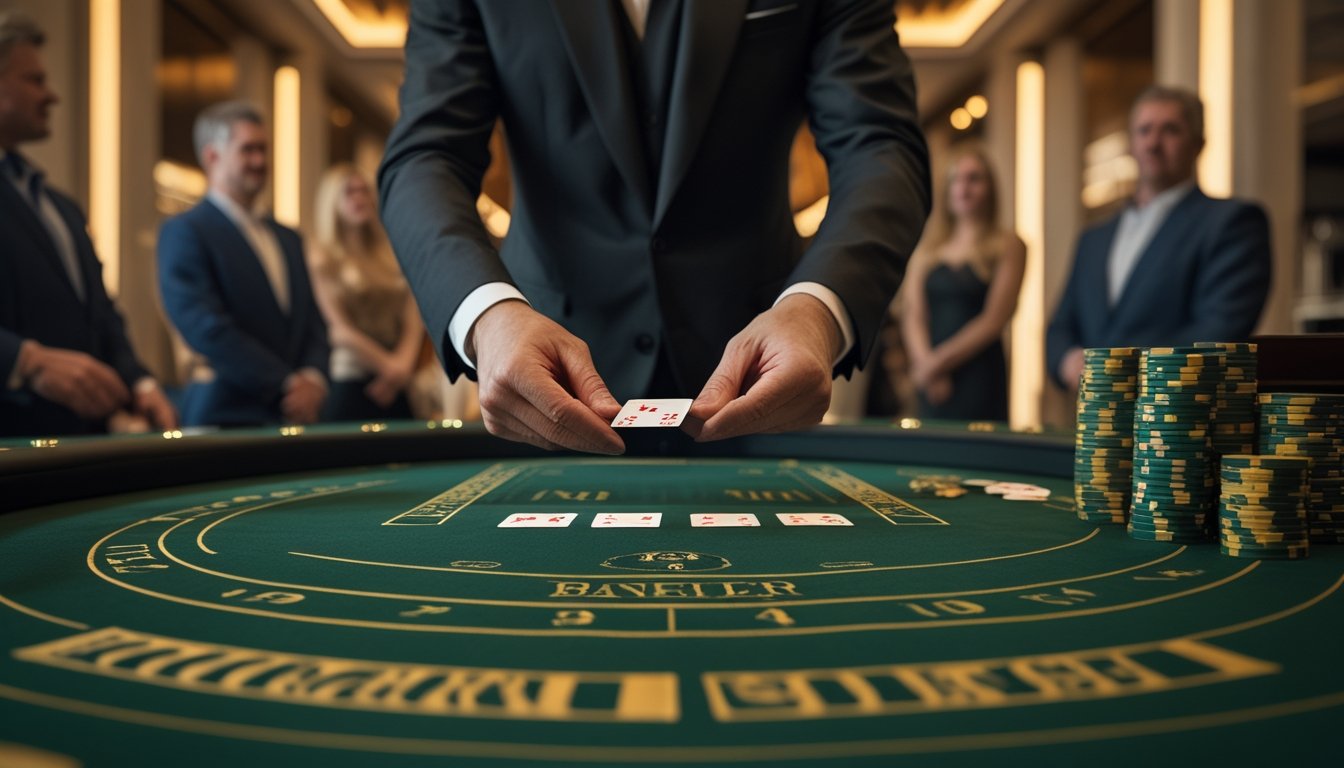 Dealer membuka kartu baccarat secara perlahan di atas meja kasino sementara pemain mengamati dengan saksama.