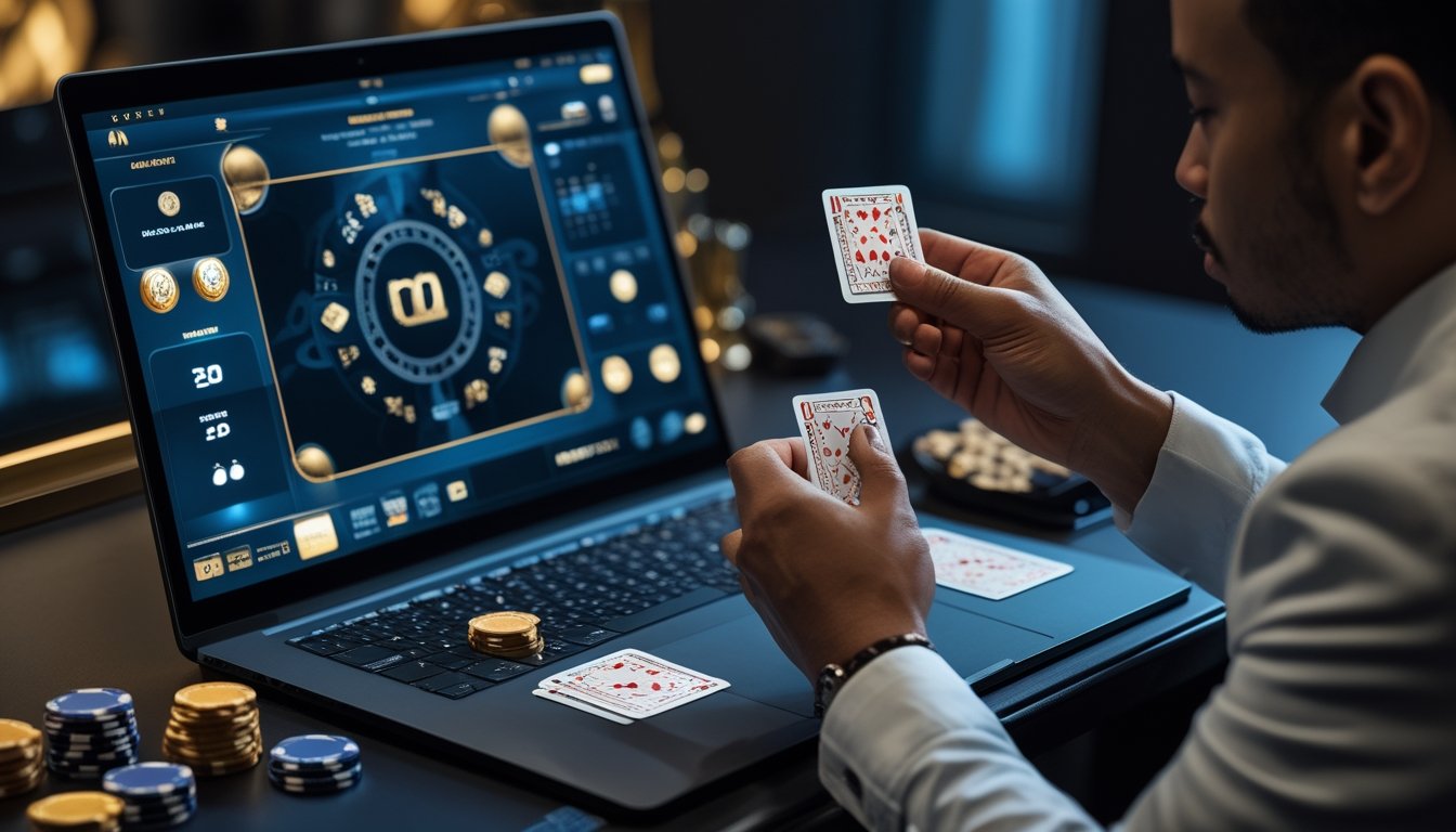 Seorang pemain dewasa memperhatikan kartu baccarat di meja dengan laptop dan keping kasino.