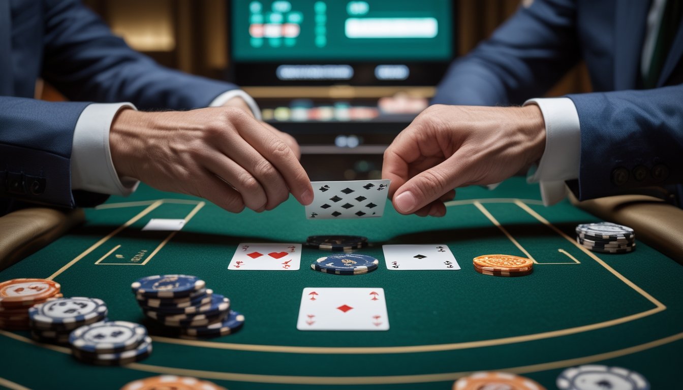Dealer memperlihatkan kartu baccarat di atas meja hijau dengan chip dan perangkat daring di latar belakang.