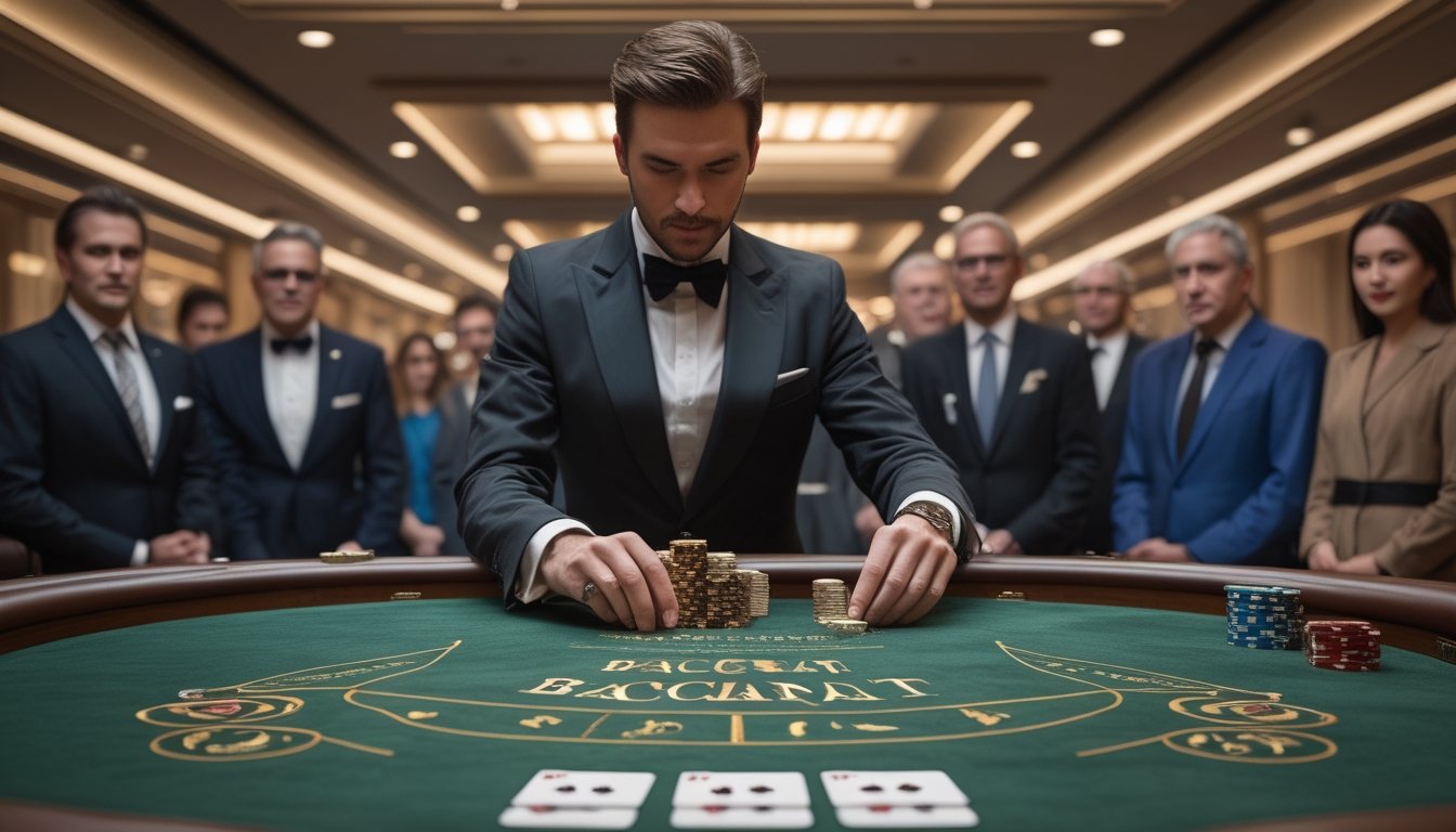 Dealer membalik kartu baccarat di meja kasino dengan beberapa pemain dewasa yang memperhatikan.
