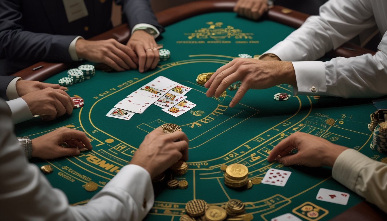 Dealer memperlihatkan kartu di meja baccarat dengan chip dan pemain yang memperhatikan.