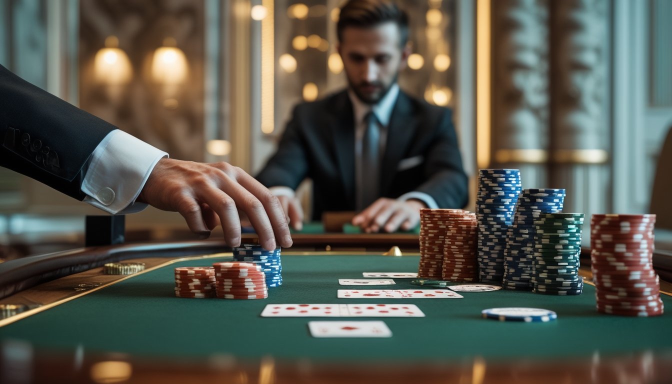 Pemain dan dealer berada di meja baccarat dengan kartu serta keping taruhan di kasino mewah.