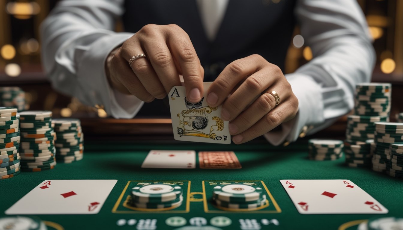 Tangan pemain membuka kartu di atas meja baccarat dengan keping taruhan dan dealer di latar belakang.