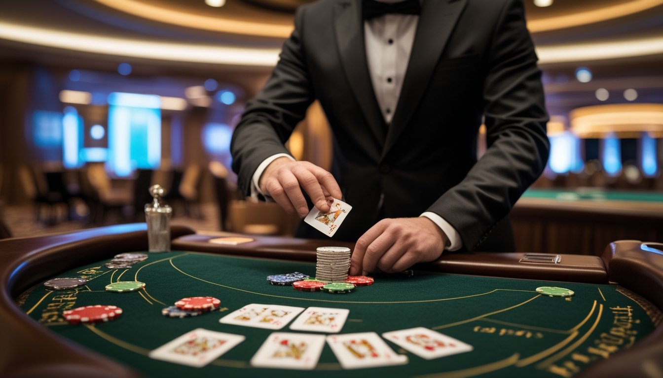Dealer kasino profesional membuka kartu baccarat di atas meja hijau dengan keping taruhan di sekitarnya.