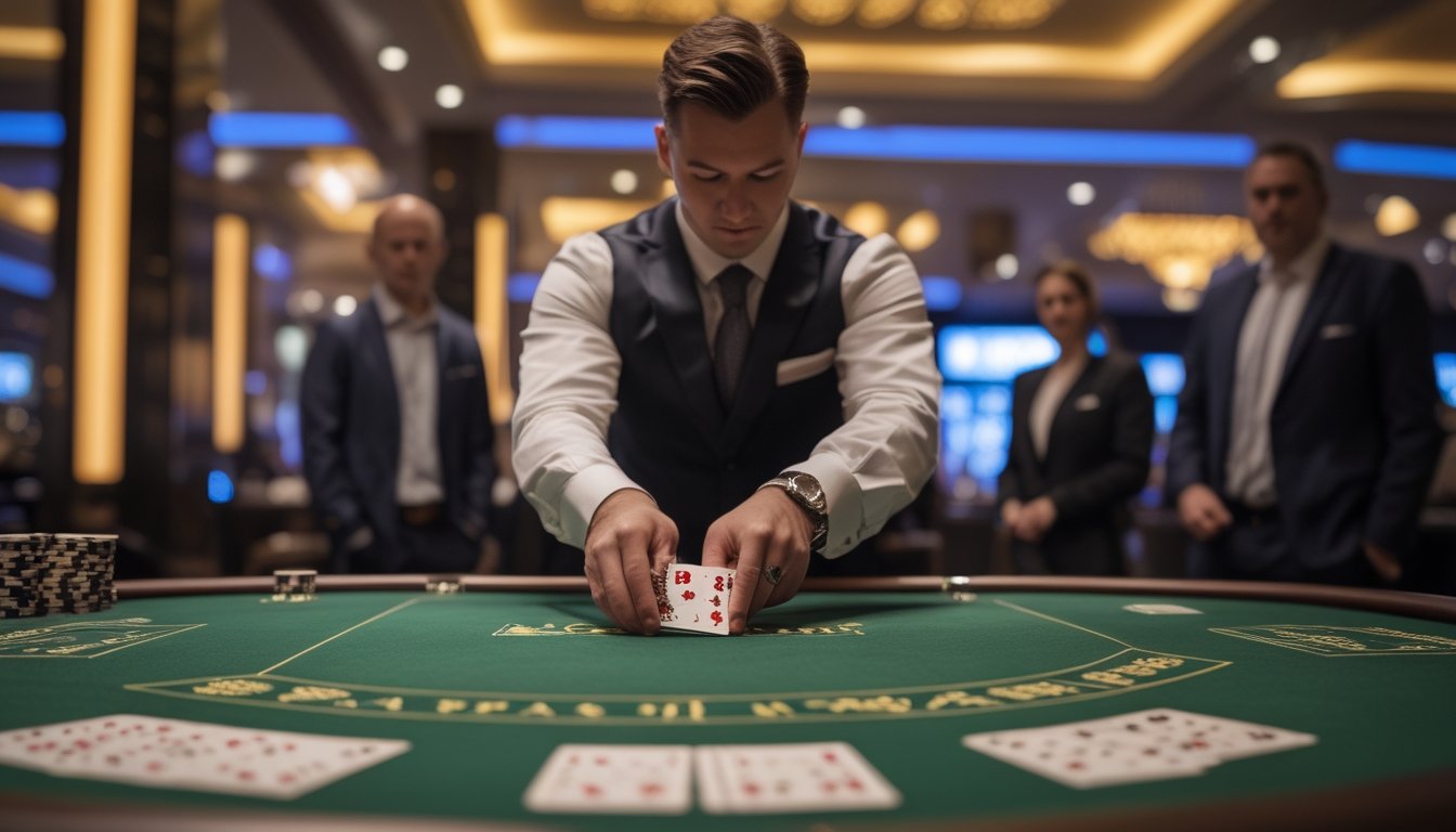 Dealer memperlihatkan kartu baccarat di meja kasino sementara beberapa pemain mengamati dengan saksama.