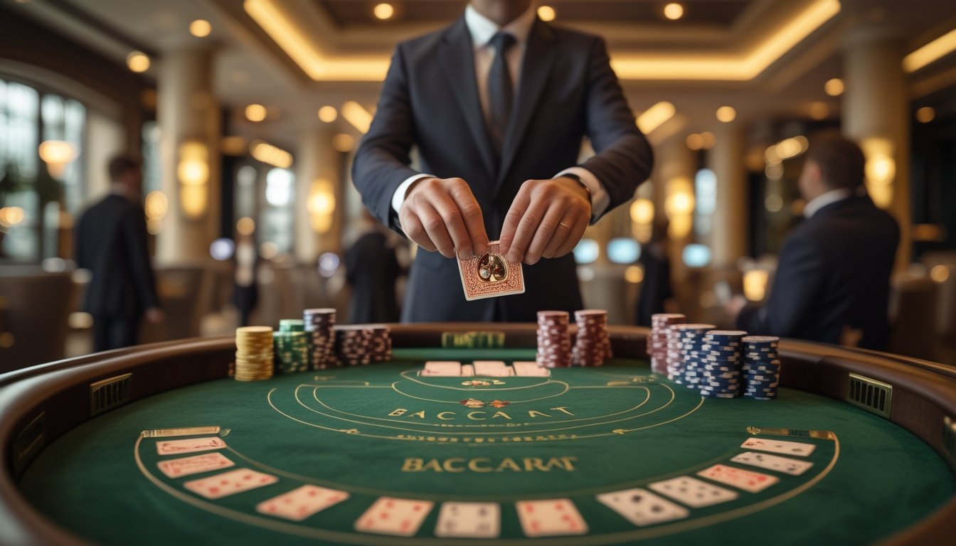 Meja baccarat elegan dengan kartu, tumpukan keping kasino, dan tangan dealer yang membuka kartu secara perlahan.