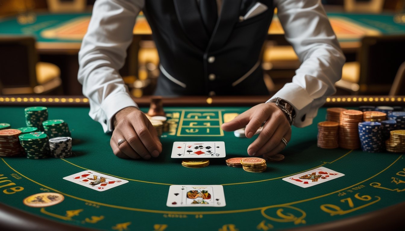 Dealer membuka kartu baccarat secara perlahan di atas meja dengan kartu dan keping taruhan tertata rapi.