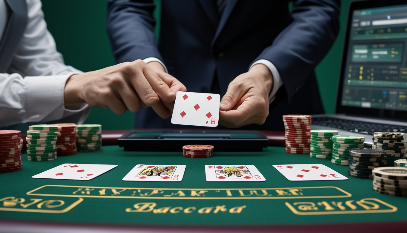 Seorang pemula mengamati dealer membuka kartu baccarat di atas meja dengan chip kasino dan perangkat digital di sekitarnya.
