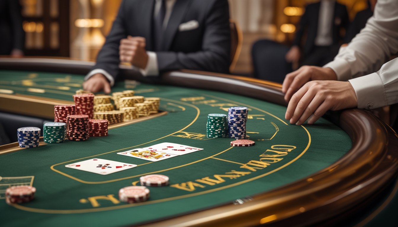 Meja baccarat hijau dengan kartu, keping kasino, dan tangan bandar di dalam kasino mewah.