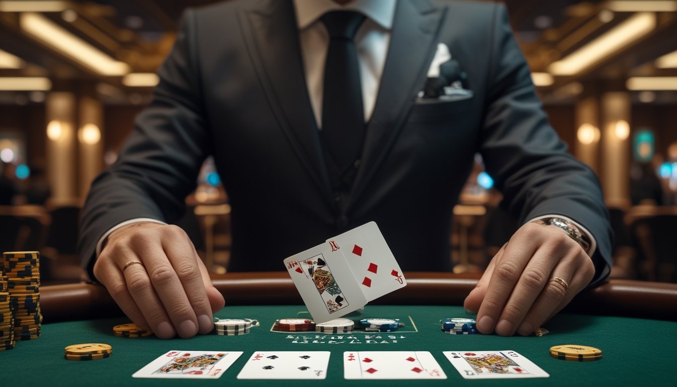 Dealer membuka kartu baccarat secara perlahan di meja kasino mewah dengan chip dan kartu di atasnya.