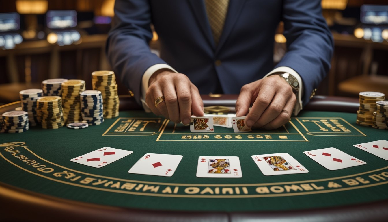 Suasana kasino mewah dengan dealer membuka kartu baccarat di atas meja permainan.