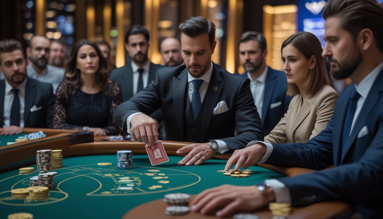 Dealer membalik kartu baccarat di meja kasino sementara para pemain menyaksikan dengan penuh perhatian.