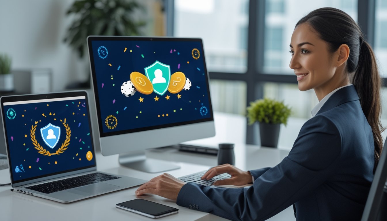 Seseorang menggunakan laptop dan ponsel dengan tampilan permainan digital abstrak di meja kerja modern.