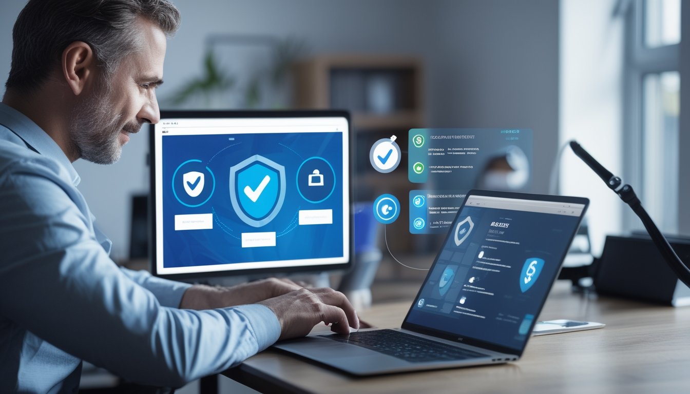 Seorang pengguna memeriksa platform digital dengan simbol keamanan dan verifikasi di ruang kerja modern.