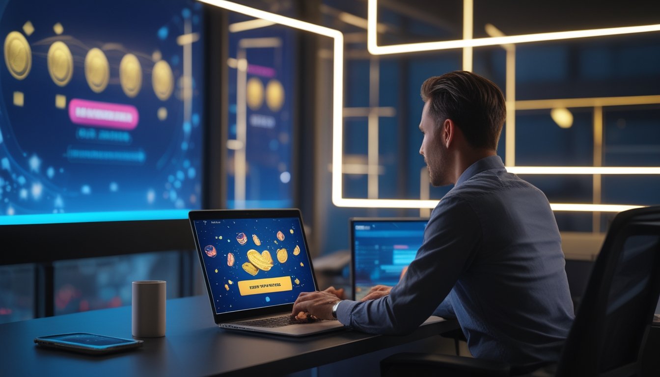 Orang dewasa menggunakan laptop di ruang kerja modern dengan tampilan visual permainan digital yang bercahaya.