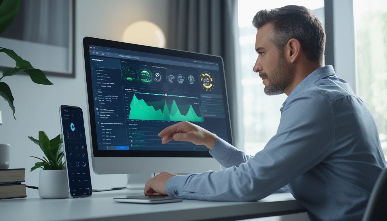 Orang dewasa melihat analisis taruhan olahraga di laptop dengan ponsel di meja.