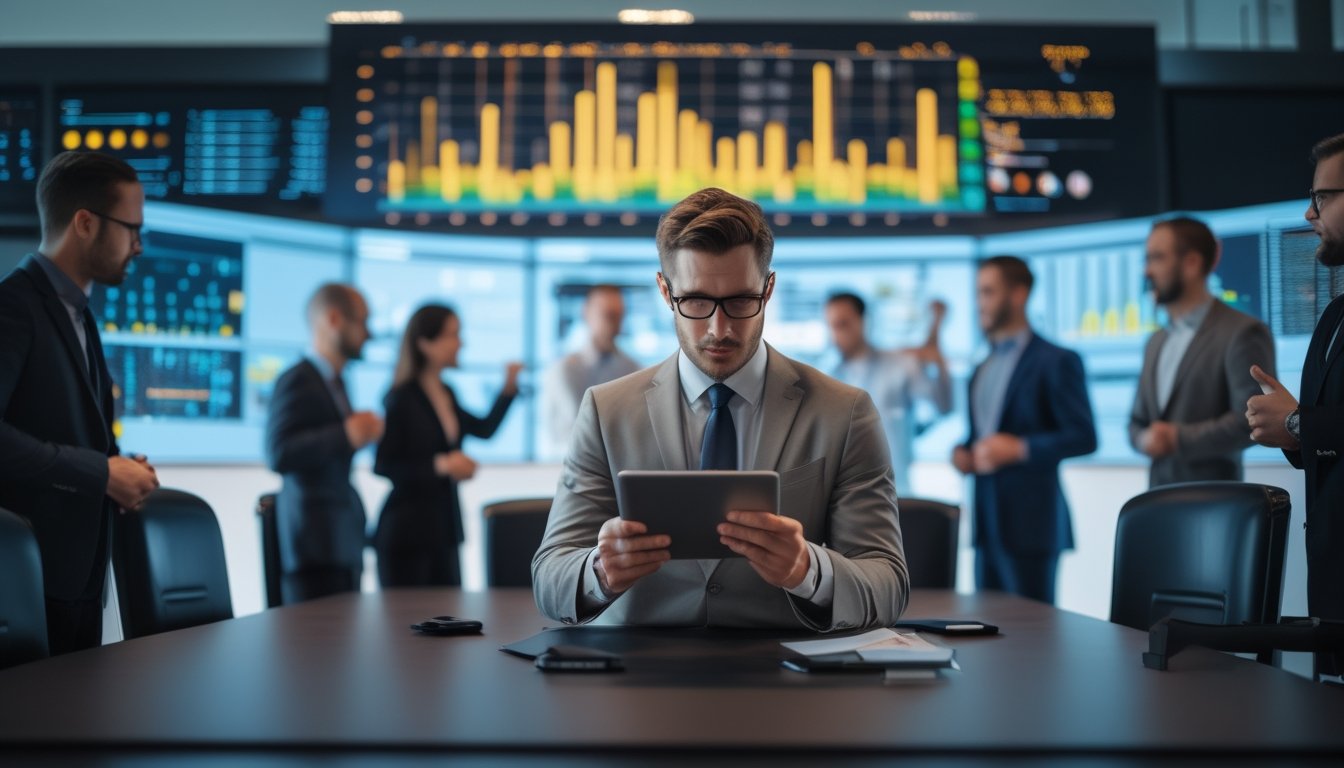 Tim analis profesional bekerja bersama di kantor modern dengan layar berisi visualisasi data abstrak.