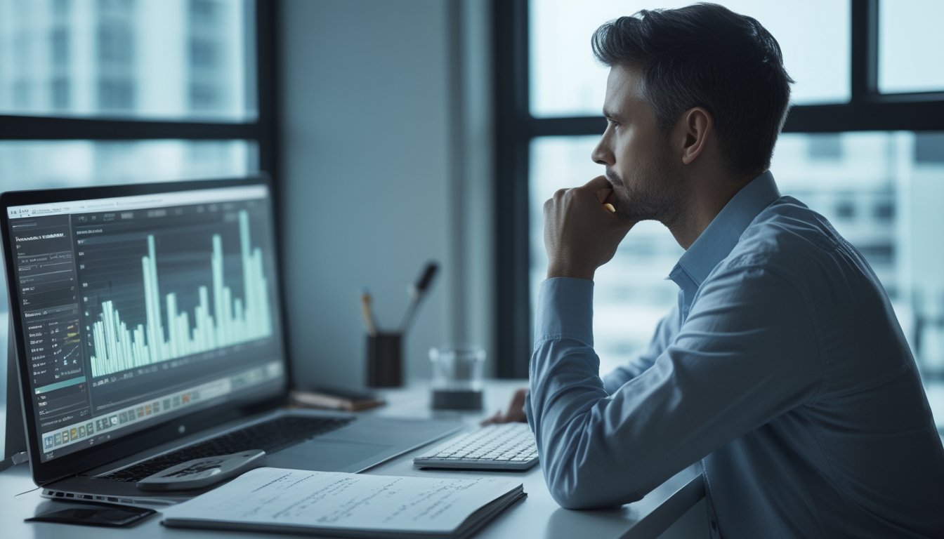Seseorang menganalisis grafik statistik abstrak di laptop pada meja kerja modern.