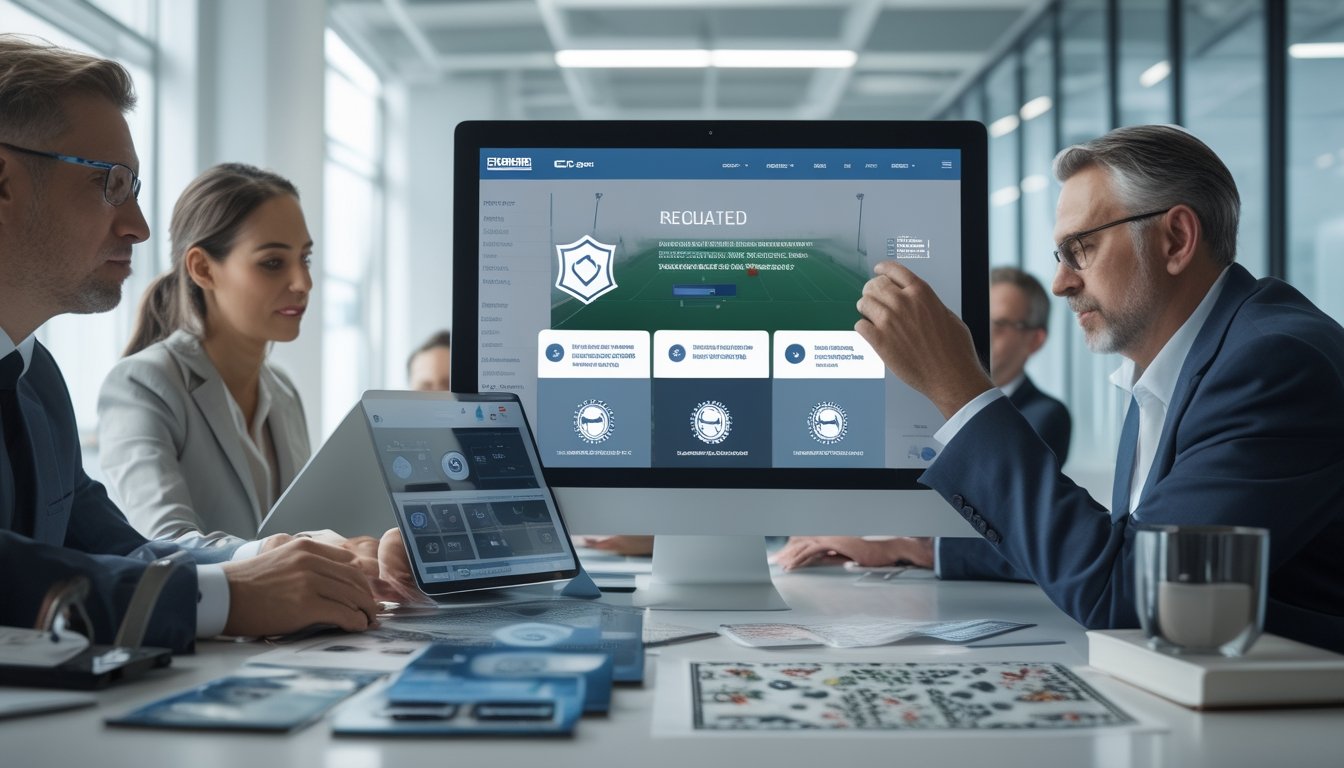 Orang dewasa meninjau platform taruhan olahraga dan kasino online dengan simbol keamanan, verifikasi, dan perlindungan pemain.