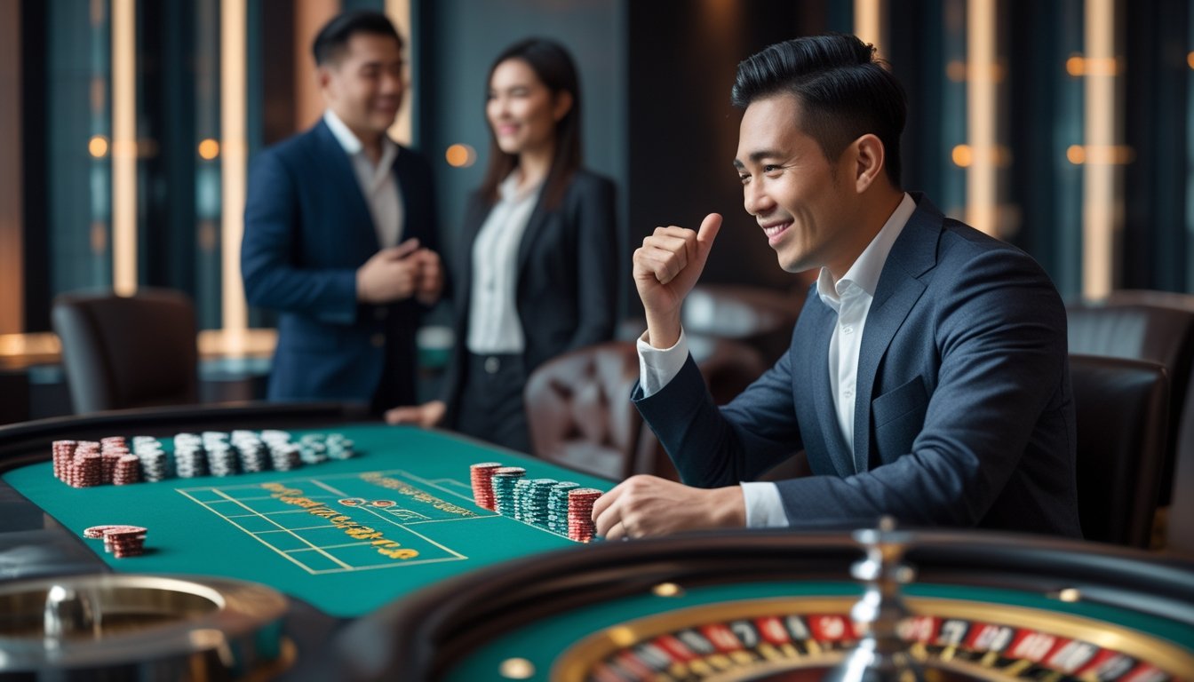 Dua orang dewasa berada di ruang permainan elegan dengan kartu, keping permainan, dan roda roulette, sementara salah satunya merayakan hasil yang menguntungkan.