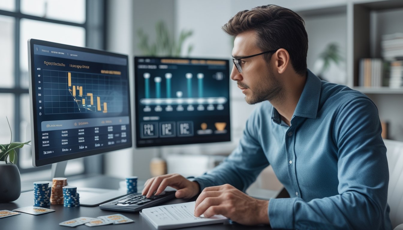 Seorang analis dewasa mempelajari grafik probabilitas di kantor dengan kartu dan keping kasino di meja.