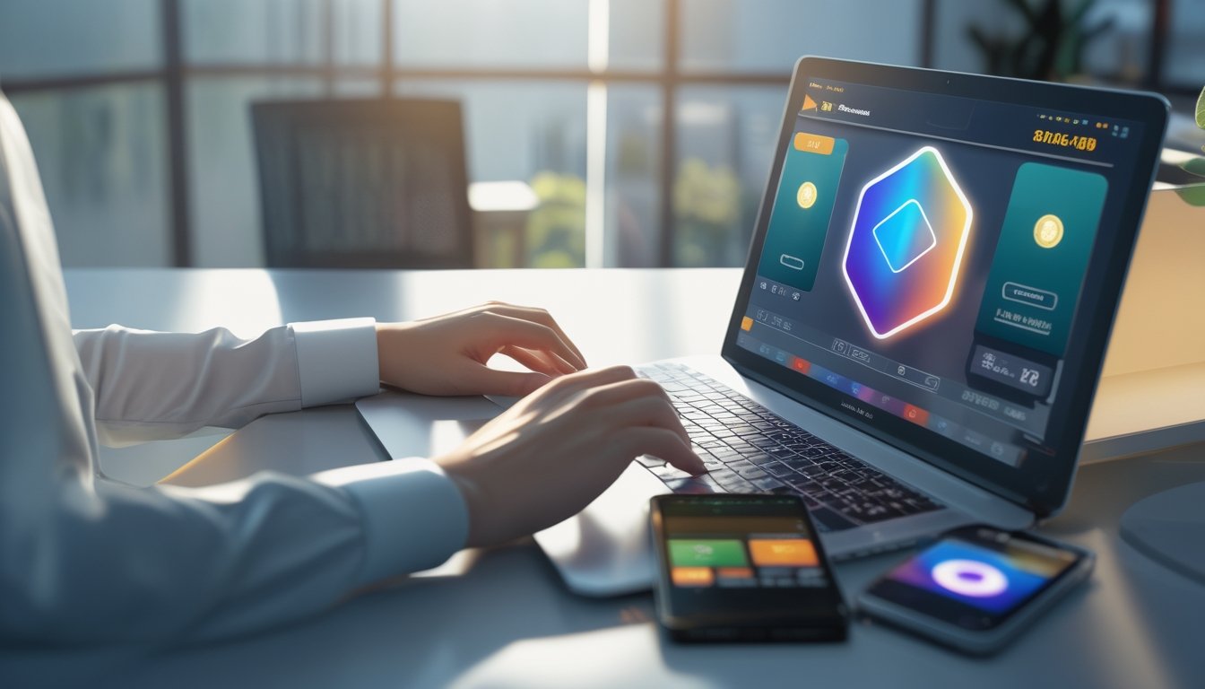 Orang dewasa menggunakan laptop dan ponsel di ruang kerja modern dengan elemen pembayaran digital yang aman.