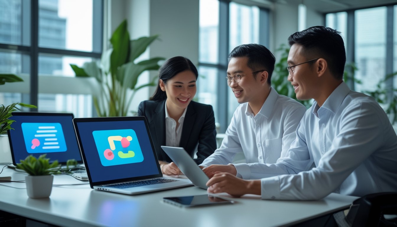 Tim profesional bekerja bersama menggunakan laptop dan ponsel di kantor modern.