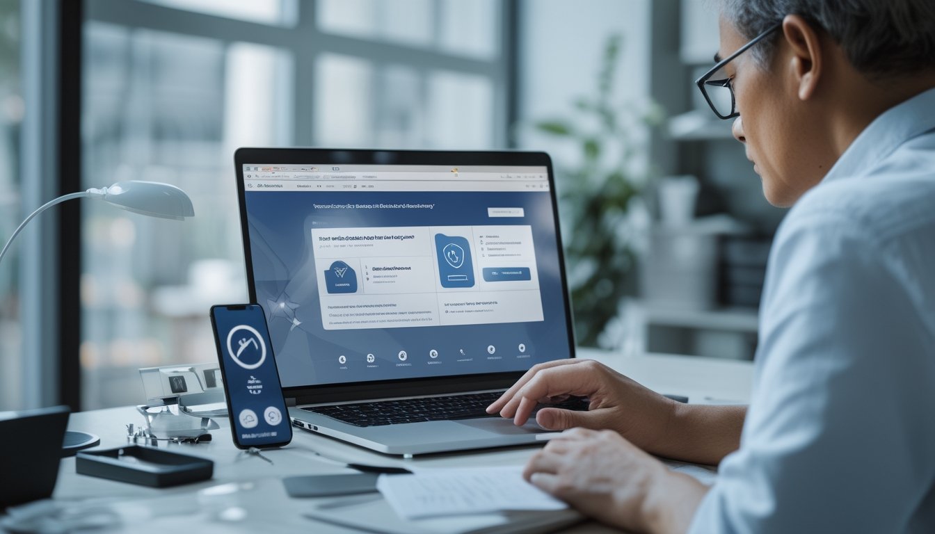 Seseorang memeriksa keamanan dan legalitas platform online menggunakan laptop, ponsel, dan daftar periksa.