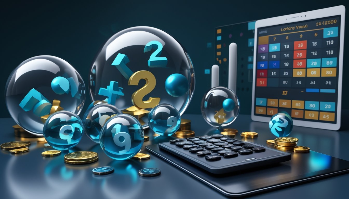 Bola-bola bernomor tiga dimensi, koin emas, kalkulator, dan tablet tersusun di atas meja modern.