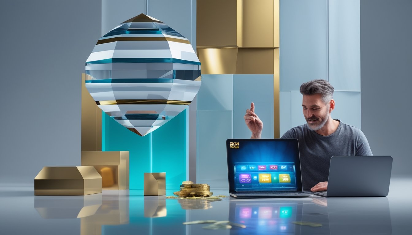 Seseorang menggunakan perangkat digital dalam ruang modern dengan elemen geometris tiga dimensi bercahaya.