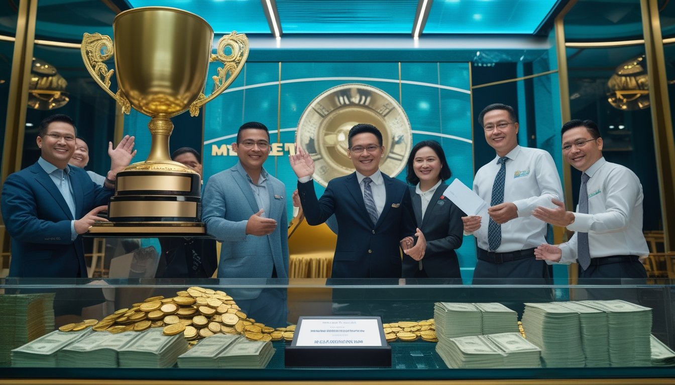 Sekelompok pemenang merayakan hadiah besar di dekat piala emas, koin, uang, dan amplop pembayaran.