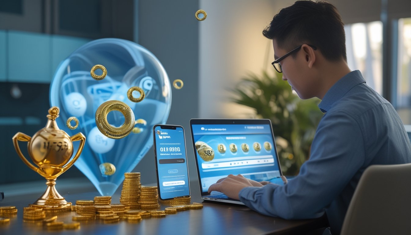 Seseorang memeriksa hasil permainan undian digital di laptop dengan bola nomor tiga dimensi, koin emas, dan piala kecil di dekatnya.