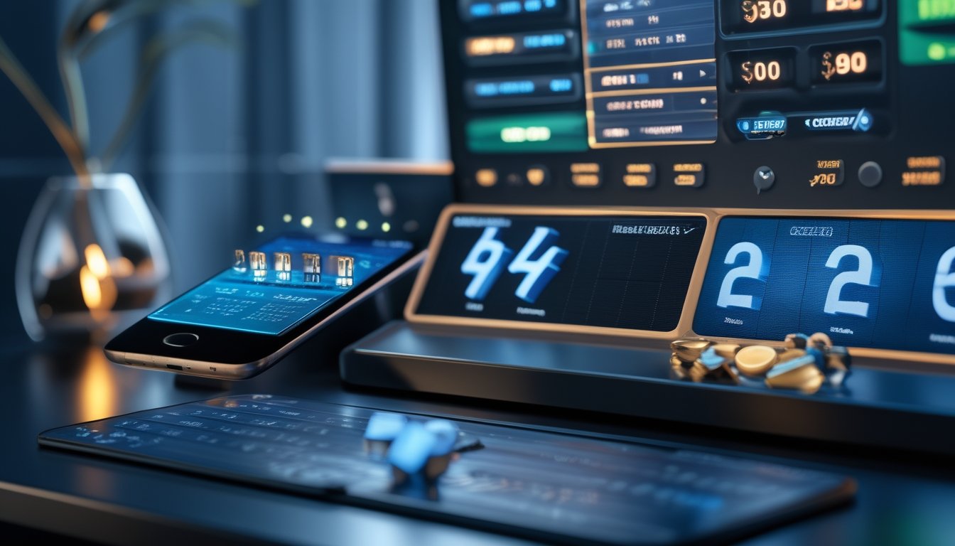 Perangkat digital menampilkan bentuk geometris bercahaya di atas meja modern dengan token dan cahaya keemasan.